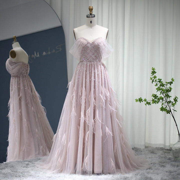 Dreamy Vow Luxury Feather Pink Dubai Evening Dresses Elegant Off Shoulder Beaded Champagne Formal Dress for Women Wedding 278