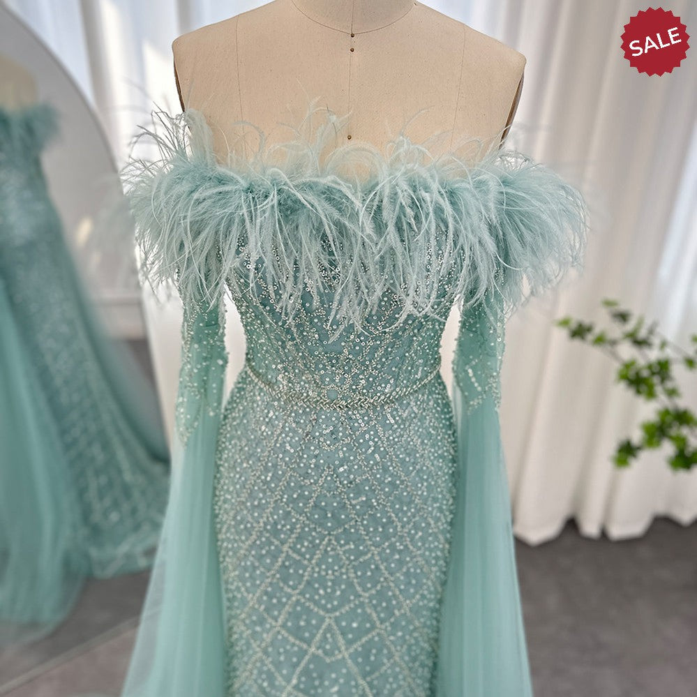 Dreamy Vow Luxury Feather Turquoise Dubai Evening Dress with Cape Sleeves Lilac Arabic Women Wedding Party Prom Gown 261