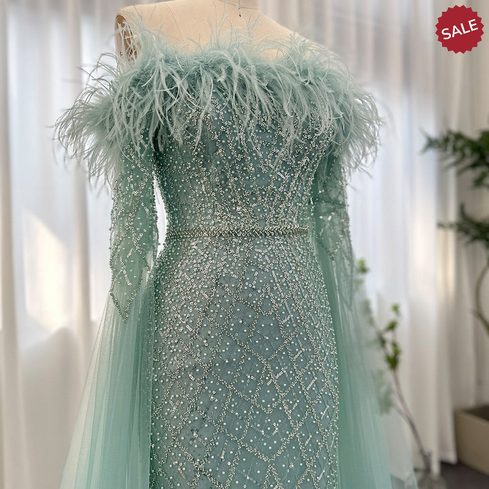 Dreamy Vow Luxury Feather Turquoise Dubai Evening Dress with Cape Sleeves Lilac Arabic Women Wedding Party Prom Gown 261