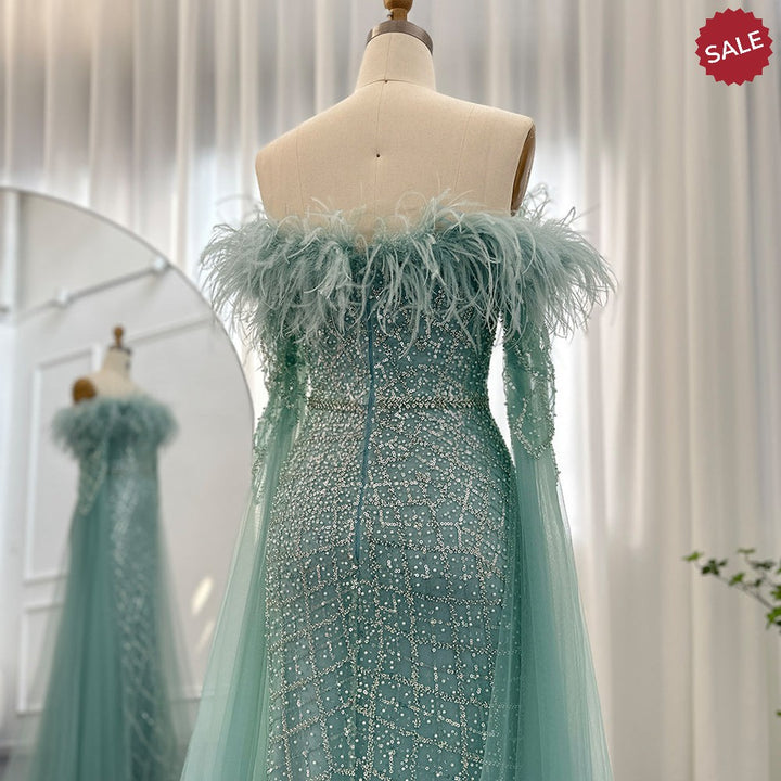 Dreamy Vow Luxury Feather Turquoise Dubai Evening Dress with Cape Sleeves Lilac Arabic Women Wedding Party Prom Gown 261