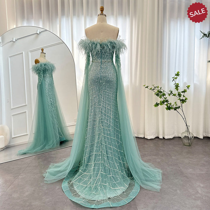 Dreamy Vow Luxury Feather Turquoise Dubai Evening Dress with Cape Sleeves Lilac Arabic Women Wedding Party Prom Gown 261