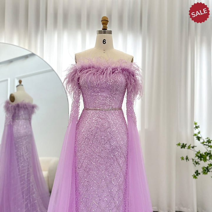 Dreamy Vow Luxury Feather Turquoise Dubai Evening Dress with Cape Sleeves Lilac Arabic Women Wedding Party Prom Gown 261