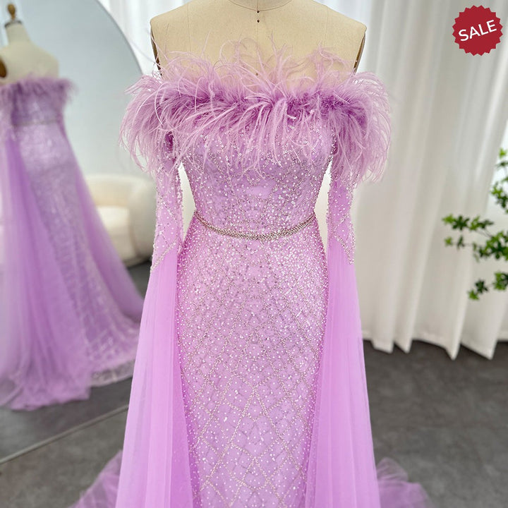 Dreamy Vow Luxury Feather Turquoise Dubai Evening Dress with Cape Sleeves Lilac Arabic Women Wedding Party Prom Gown 261