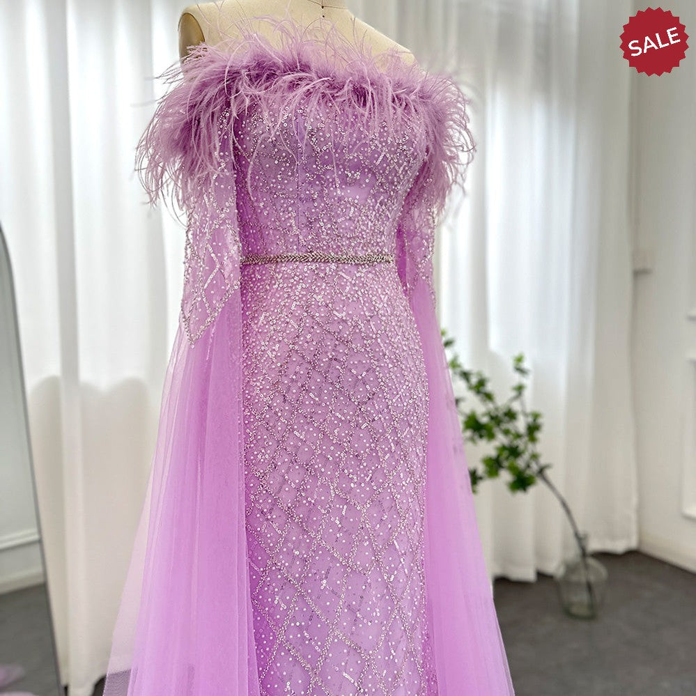 Dreamy Vow Luxury Feather Turquoise Dubai Evening Dress with Cape Sleeves Lilac Arabic Women Wedding Party Prom Gown 261