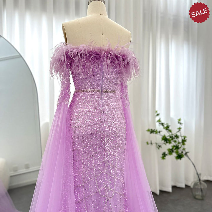 Dreamy Vow Luxury Feather Turquoise Dubai Evening Dress with Cape Sleeves Lilac Arabic Women Wedding Party Prom Gown 261