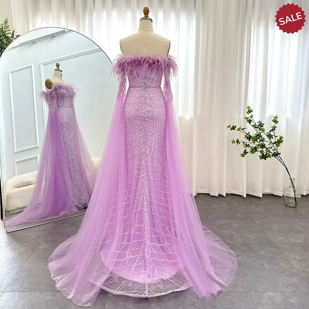 Dreamy Vow Luxury Feather Turquoise Dubai Evening Dress with Cape Sleeves Lilac Arabic Women Wedding Party Prom Gown 261