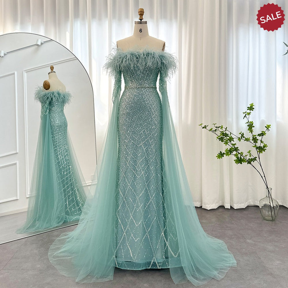 Dreamy Vow Luxury Feather Turquoise Dubai Evening Dress with Cape Sleeves Lilac Arabic Women Wedding Party Prom Gown 261