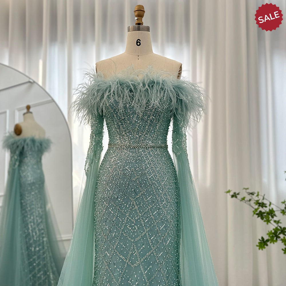 Dreamy Vow Luxury Feather Turquoise Dubai Evening Dress with Cape Sleeves Lilac Arabic Women Wedding Party Prom Gown 261