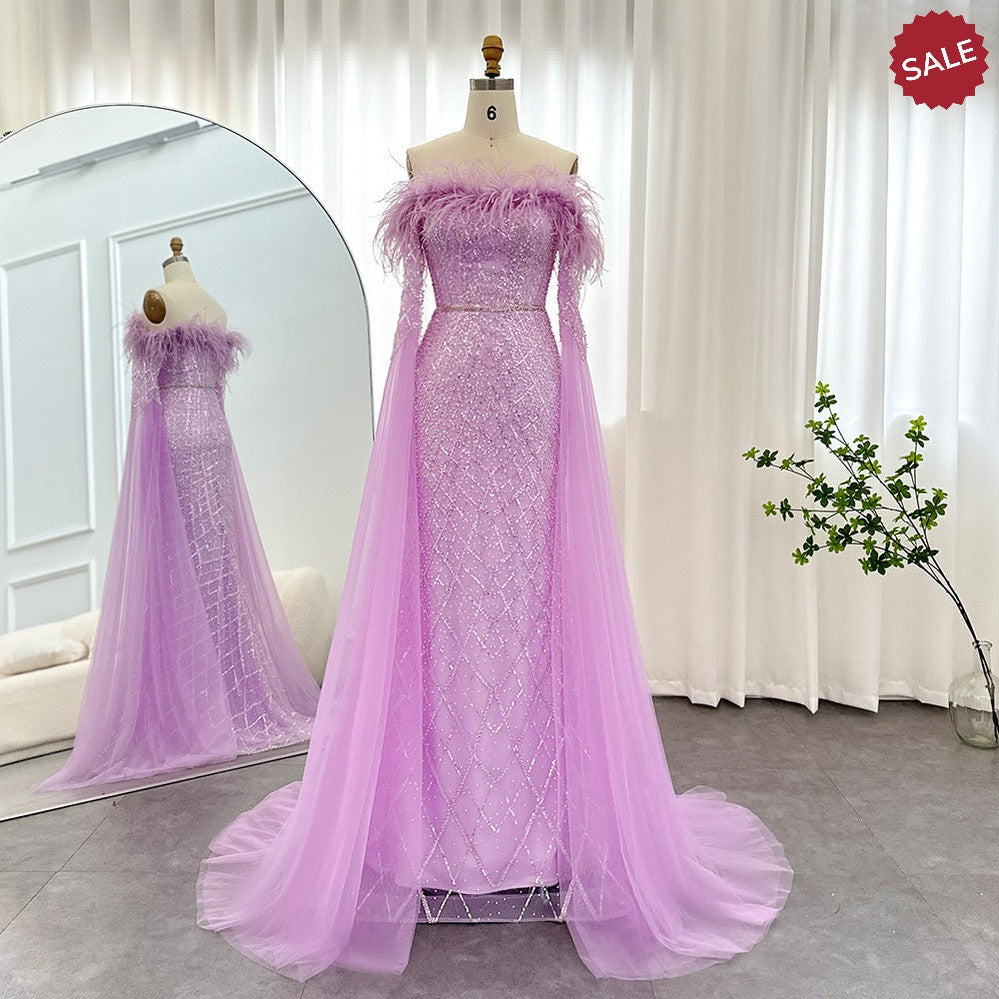 Dreamy Vow Luxury Feather Turquoise Dubai Evening Dress with Cape Sleeves Lilac Arabic Women Wedding Party Prom Gown 261