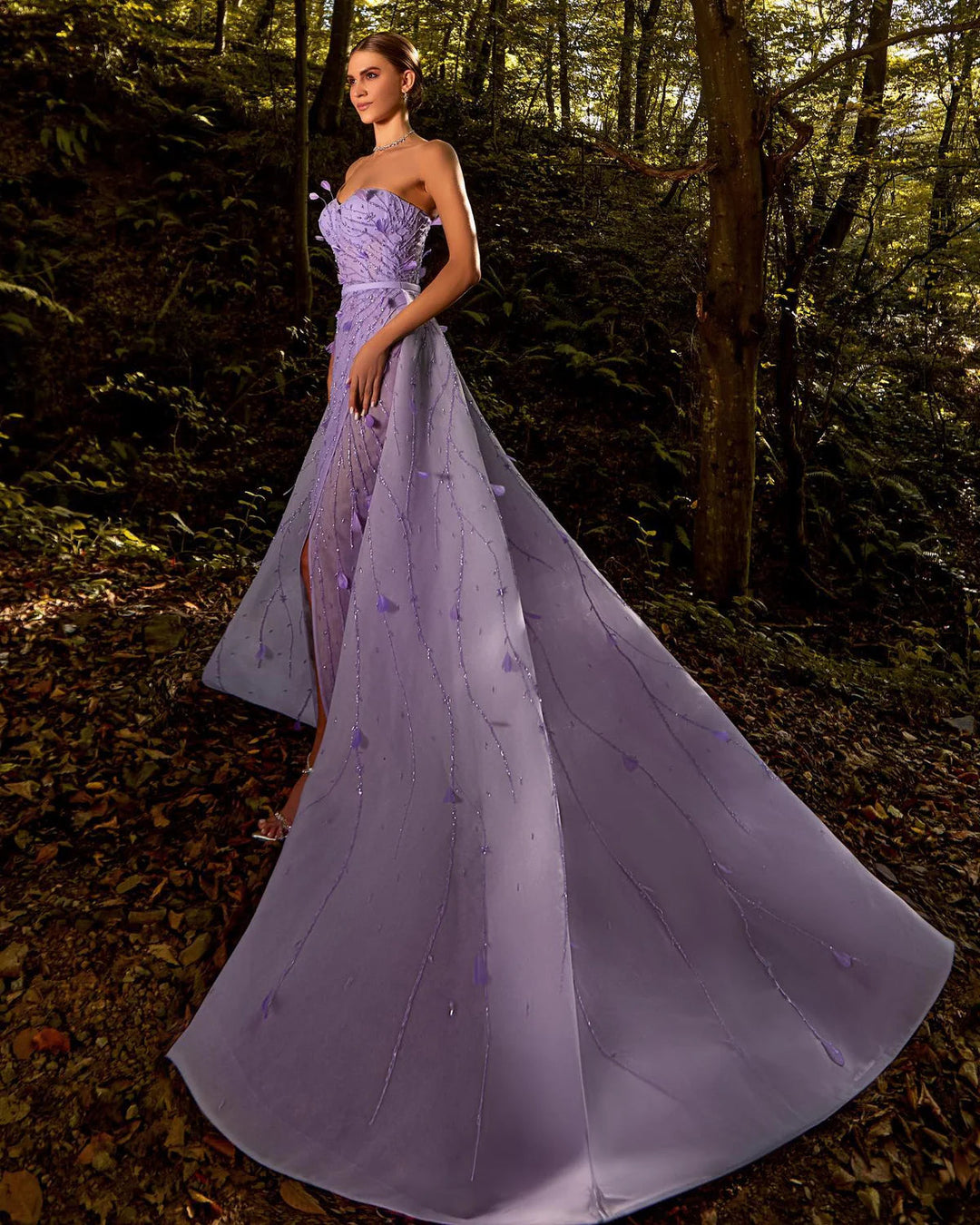 Dreamy Vow Luxury Feathers Beaded Lilac Evening Dress with Overskirt S DreamyVow