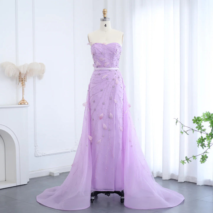 Dreamy Vow Luxury Feathers Beaded Lilac Evening Dress with Overskirt Sweetheart Slit Arabic Women Wedding Party Gowns SS456-DreamyVow