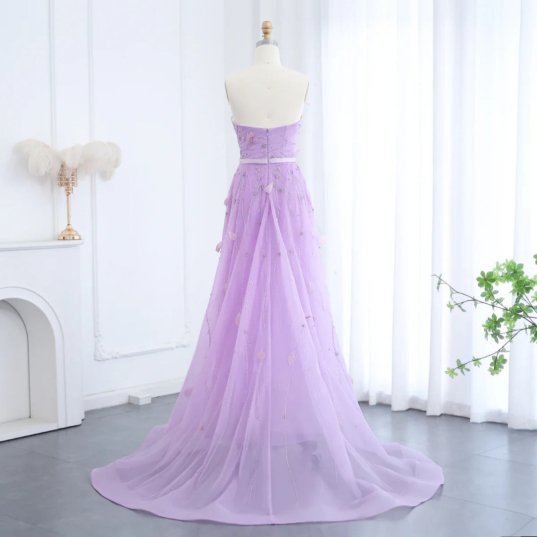 Dreamy Vow Luxury Feathers Beaded Lilac Evening Dress with Overskirt Sweetheart Slit Arabic Women Wedding Party Gowns SS456-DreamyVow