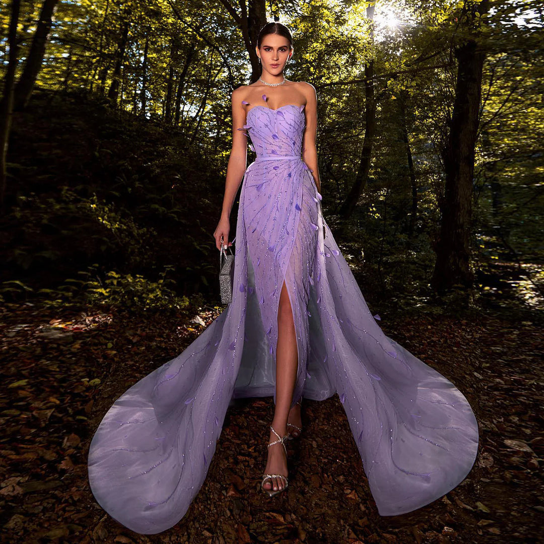 Dreamy Vow Luxury Feathers Beaded Lilac Evening Dress with Overskirt Sweetheart Slit Arabic Women Wedding Party Gowns SS456-DreamyVow