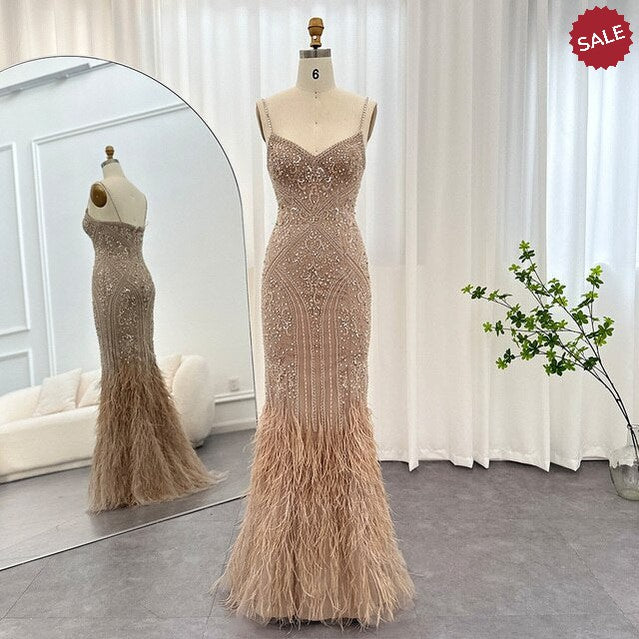 Dreamy Vow Luxury Feathers Champagne Evening Dresses for Women Wedding Spaghetti Straps Mermaid Long Party Prom Dresses 171