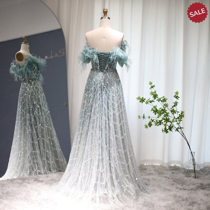 Dreamy Vow Luxury Feathers Green Dubai Evening Dresses 2023 Elegant Off Shoulder Long Formal Dress for Women Wedding Party SS303-DreamyVow