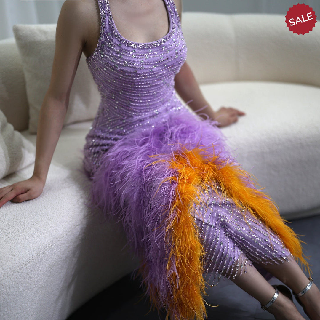 Dreamy Vow Luxury Feathers Lilac Evening Dresses Elegant Halter Mermaid Women Wedding Party Prom Gowns 473