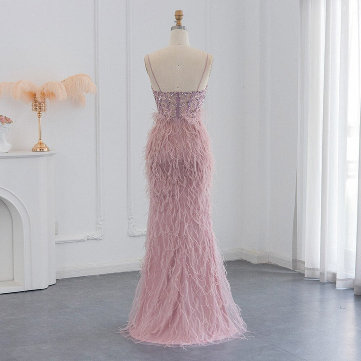 Dreamy Vow Luxury Feathers Pink Mermaid Evening Dress 2023 Spaghetti Straps Side Slit Long Prom Dresses for Women Wedding 125