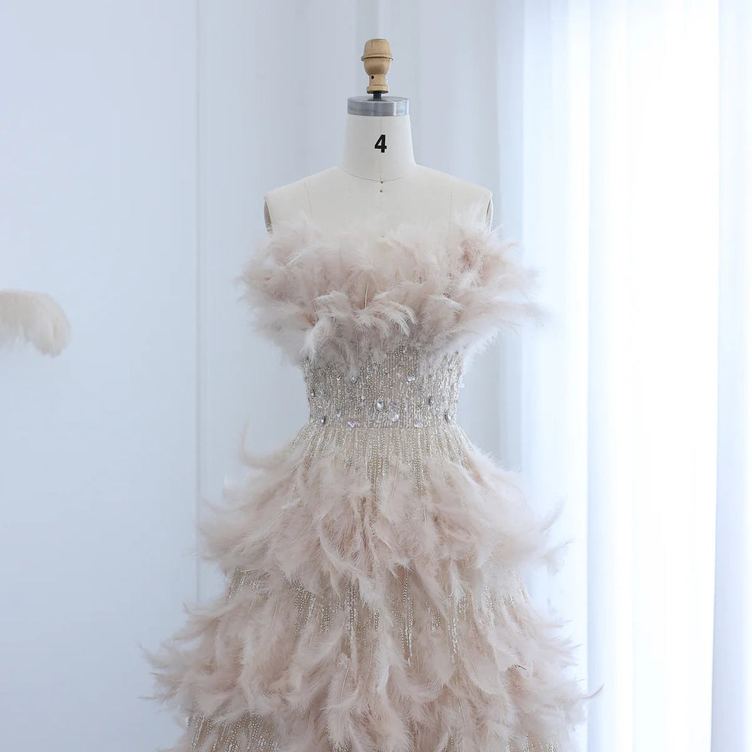 Dreamy Vow Luxury Feathers Princess Ball Gown Cream Evening Dress for Women Wedding Engament Party Dress SS532-DreamyVow