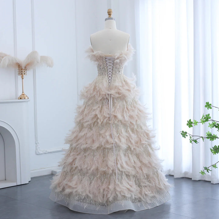 Dreamy Vow Luxury Feathers Princess Ball Gown Cream Evening Dress for Women Wedding Engament Party Dress SS532-DreamyVow