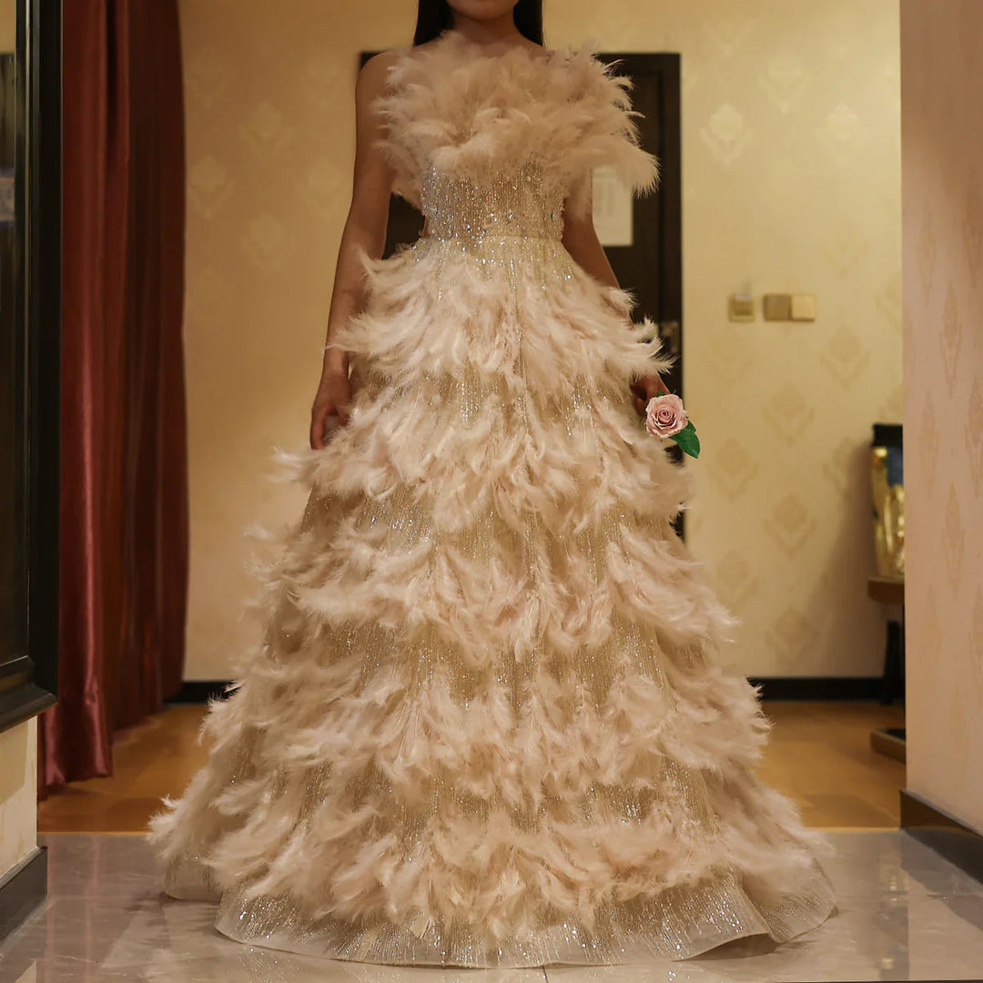 Dreamy Vow Luxury Feathers Princess Ball Gown Cream Evening Dress for Women Wedding Engament Party Dress SS532-DreamyVow