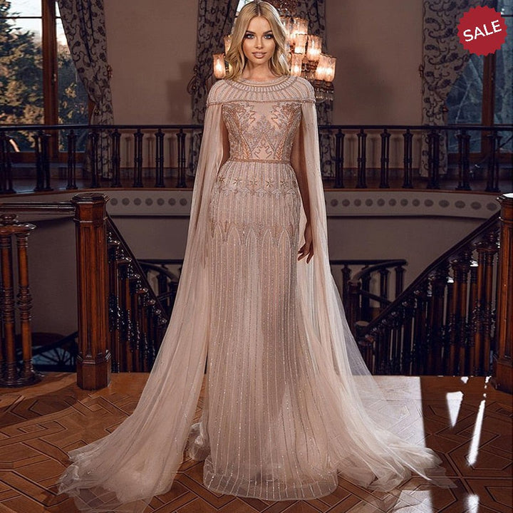 Dreamy Vow Luxury Gold Mermaid Dubai Evening Dress with Cape Sleeve Arabic Plus Size Formal Party Gowns for Women Wedding 103