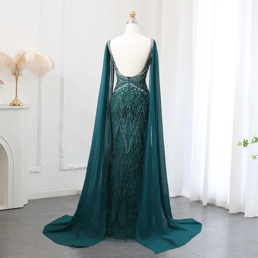 Dreamy Vow Luxury Mermaid Blue Feathers Evening Dress with Cape Sleeve Backless Prom Dresses for Women Wedding Party Gowns SS027-DreamyVow