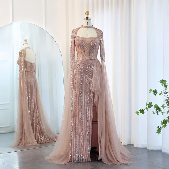 Dreamy Vow Luxury Mermaid Dusty Pink Evening Dress with Cape Sleeves Slit Elegant Yellow Blue Women Wedding Party Gowns SS003-DreamyVow