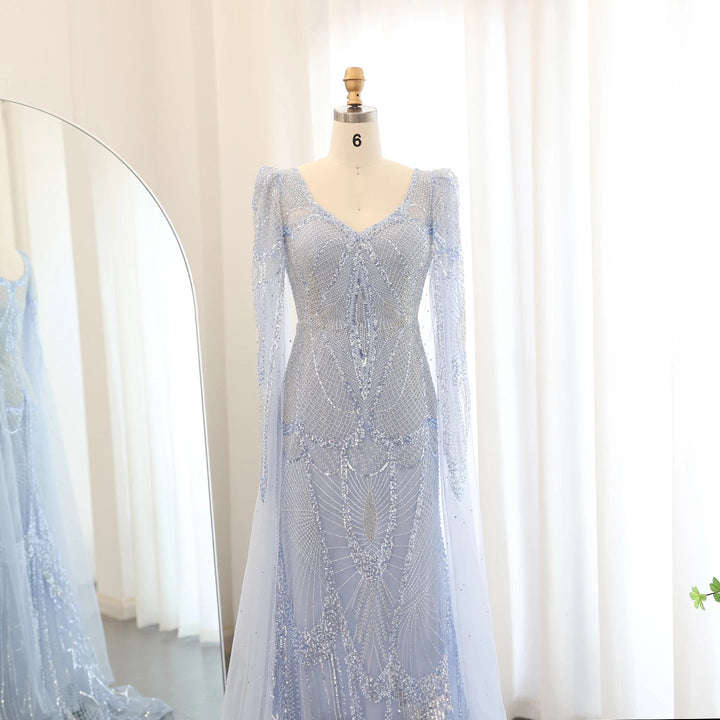 Dreamy Vow Luxury Mermaid Light Blue Evening Dresses with Cape Sleeves Elegant Plus Size Women Wedding Guest Party Gowns SS157-DreamyVow