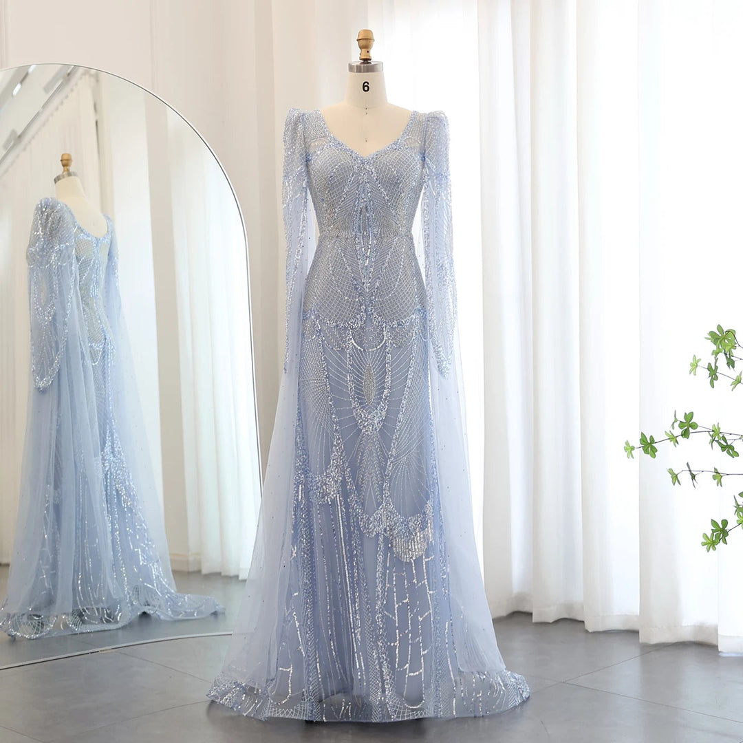 Dreamy Vow Luxury Mermaid Light Blue Evening Dresses with Cape Sleeves Elegant Plus Size Women Wedding Guest Party Gowns SS157-DreamyVow