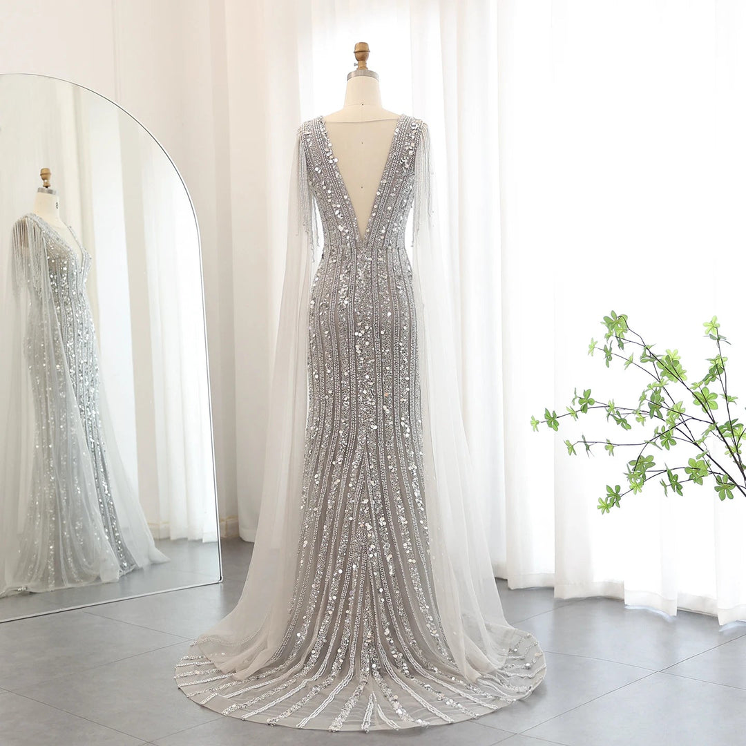 Dreamy Vow Luxury Mermaid Silver Gray Evening Dresses with Cape Sleeves Elegant Plus Size Women Wedding Guest Party Gowns SS159-DreamyVow