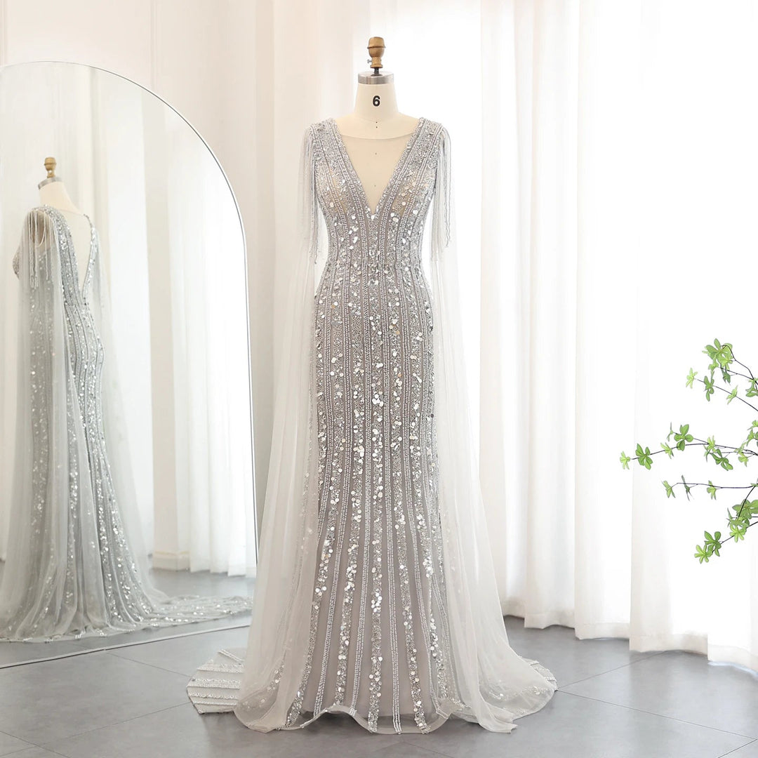 Elegant silver evening gowns best sale