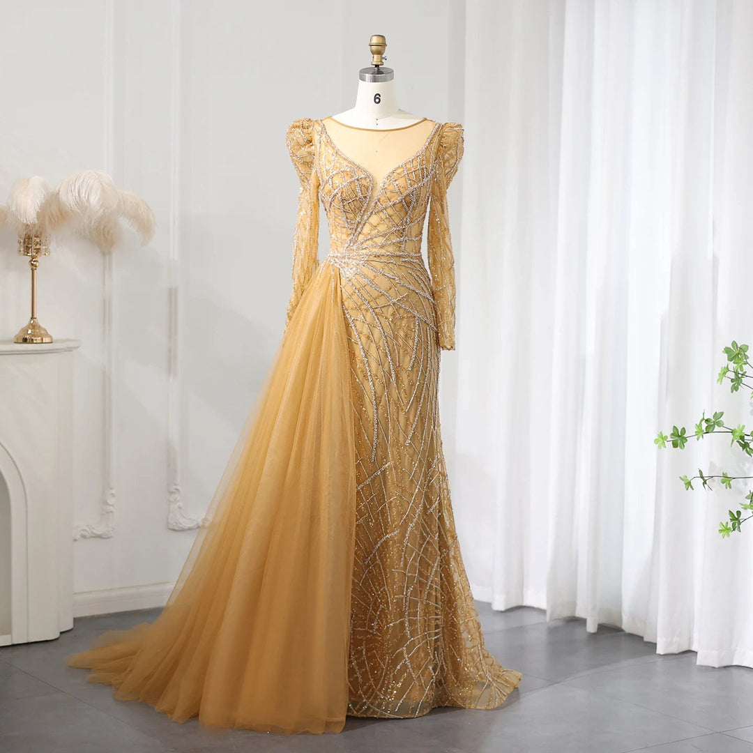 Dreamy Vow Luxury Muslim Gold Mermaid Beaded Dubai Evening Dresses with Overskirt 2024 Plus Size Women Wedding Party Gown SS048-DreamyVow