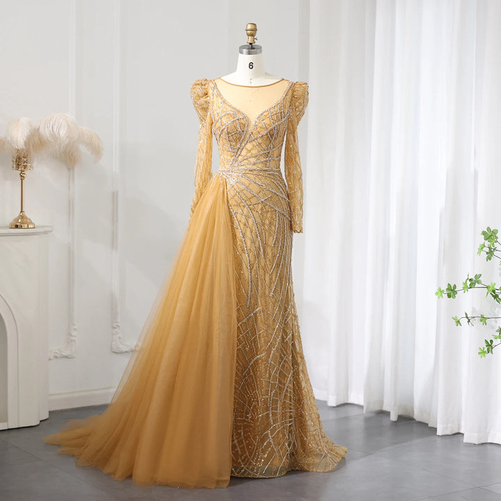 Dreamy Vow Luxury Muslim Gold Mermaid Beaded Dubai Evening Dresses with Overskirt 2024 Plus Size Women Wedding Party Gown SS048-DreamyVow