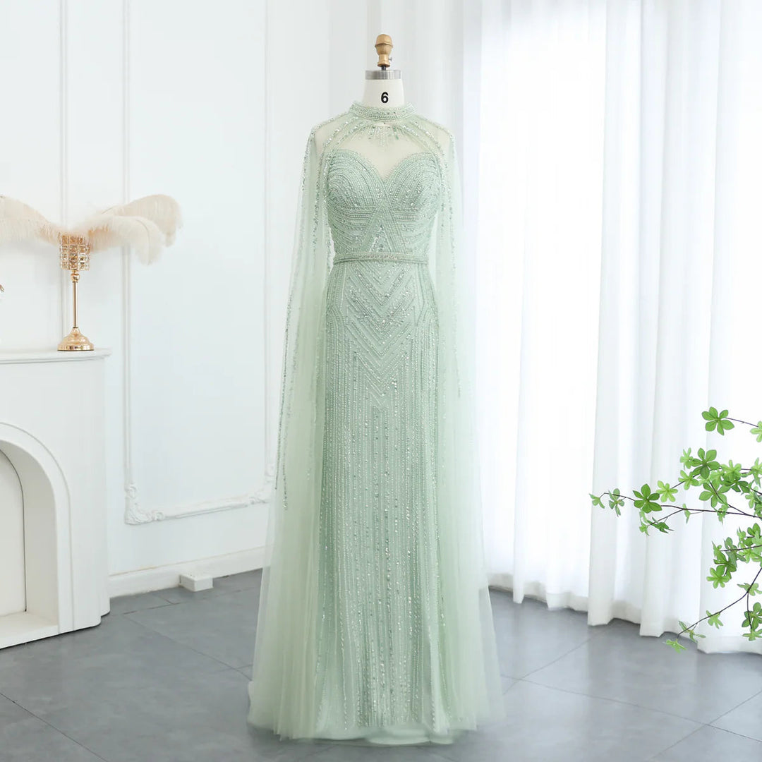 Dreamy Vow Luxury Nude Mermaid Evening Dress with Cape Sleeve High Neck Sage Green Arabic Women Long Wedding Party Gowns SS164-DreamyVow