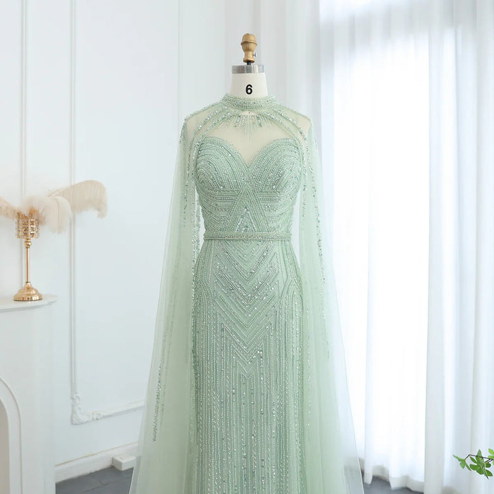 Dreamy Vow Luxury Nude Mermaid Evening Dress with Cape Sleeve High Neck Sage Green Arabic Women Long Wedding Party Gowns SS164-DreamyVow