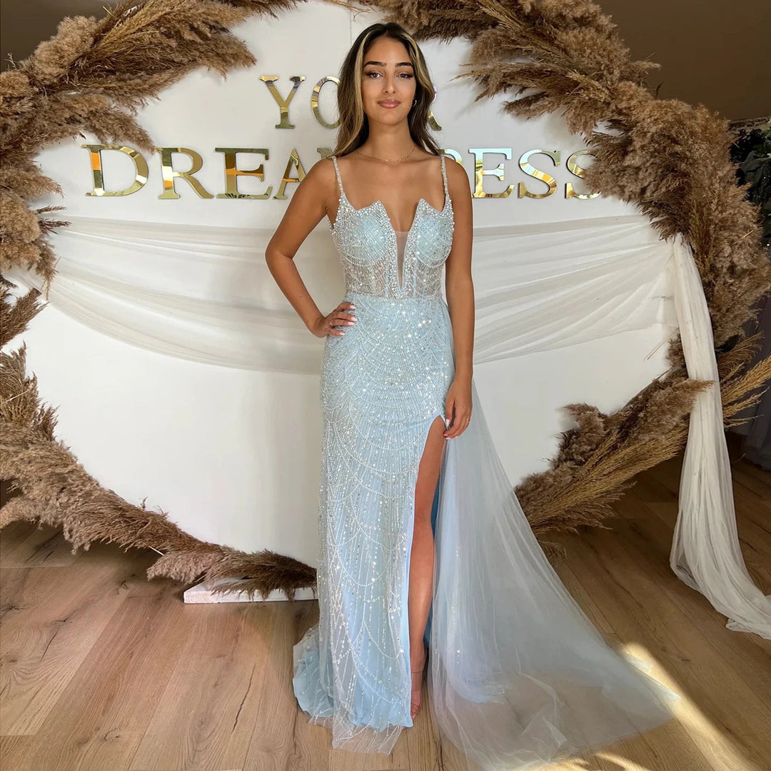 Dreamy Vow Luxury Nude Spaghetti Straps Mermaid Arabic Long Evening Dress with High Slit Overskirt for Wedding Party Gown SS311-DreamyVow