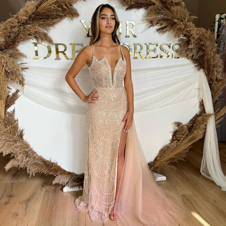 Dreamy Vow Luxury Nude Spaghetti Straps Mermaid Arabic Long Evening Dress with High Slit Overskirt for Wedding Party Gown SS311-DreamyVow