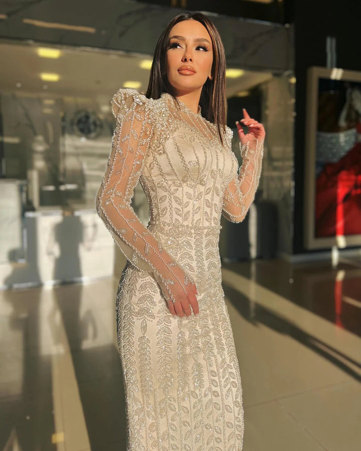 Dreamy Vow Luxury Pearls Beige Long Sleeves Arabic Evening Dresses Pink Dubai Muslim Women Wedding Party Gowns SS426-DreamyVow