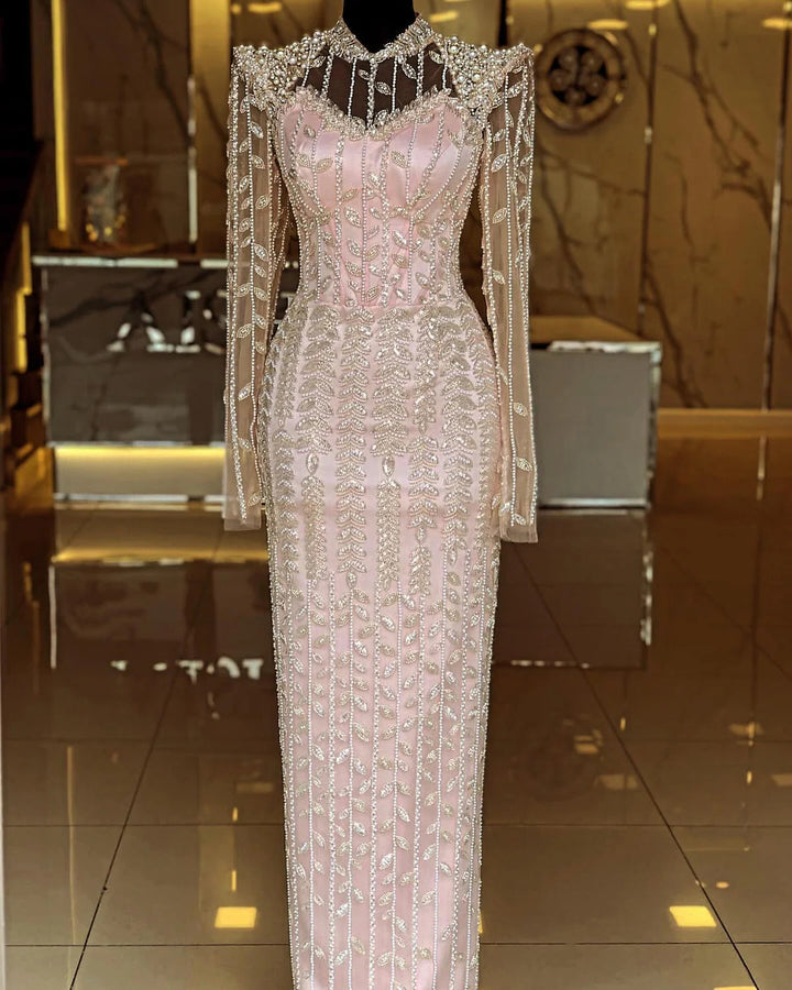 Dreamy Vow Luxury Pearls Beige Long Sleeves Arabic Evening Dresses Pink Dubai Muslim Women Wedding Party Gowns SS426-DreamyVow