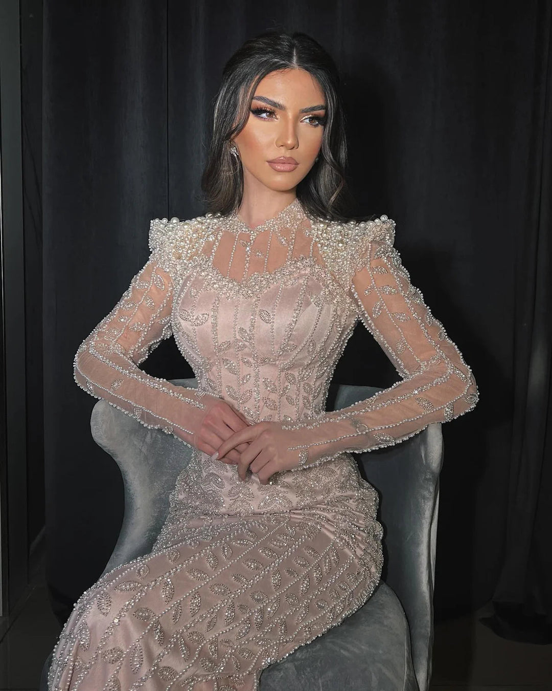 Dreamy Vow Luxury Pearls Beige Long Sleeves Arabic Evening Dresses Pink Dubai Muslim Women Wedding Party Gowns SS426-DreamyVow