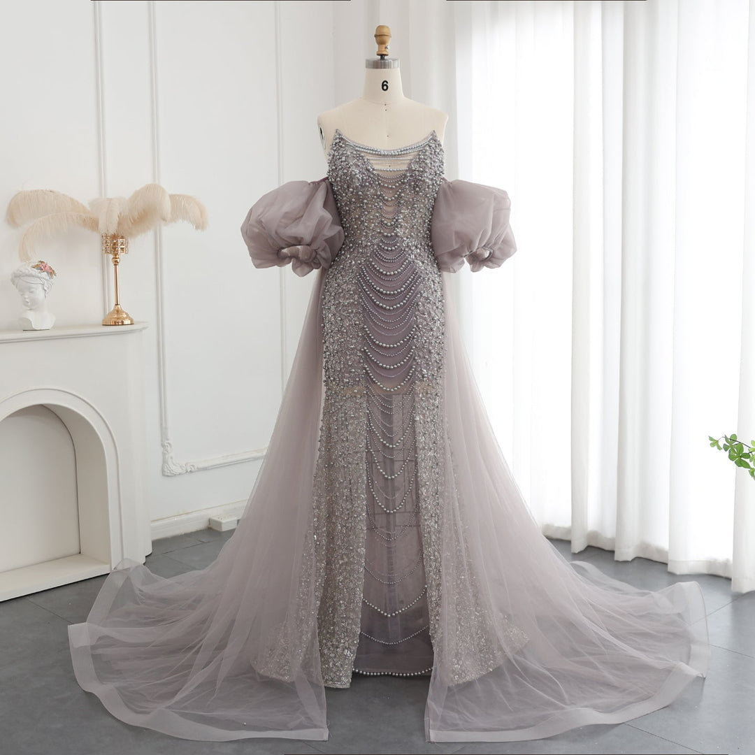 Dreamy Vow Luxury Pearls Purple Mermaid Evening Dress with Cape Sleeves Tassel Dubai Turkish Wedding Party Gowns SS199-DreamyVow