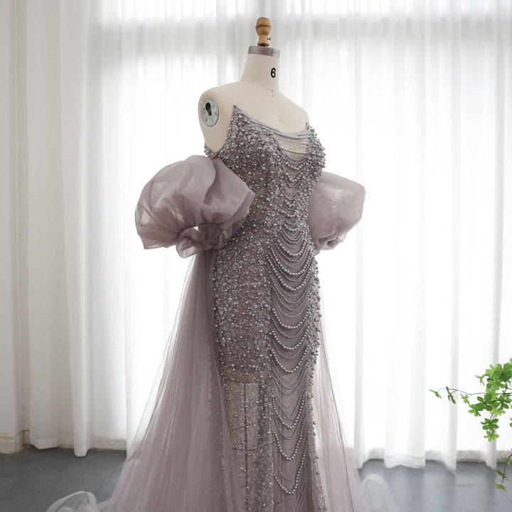 Dreamy Vow Luxury Pearls Purple Mermaid Evening Dress with Cape Sleeves Tassel Dubai Turkish Wedding Party Gowns SS199-DreamyVow