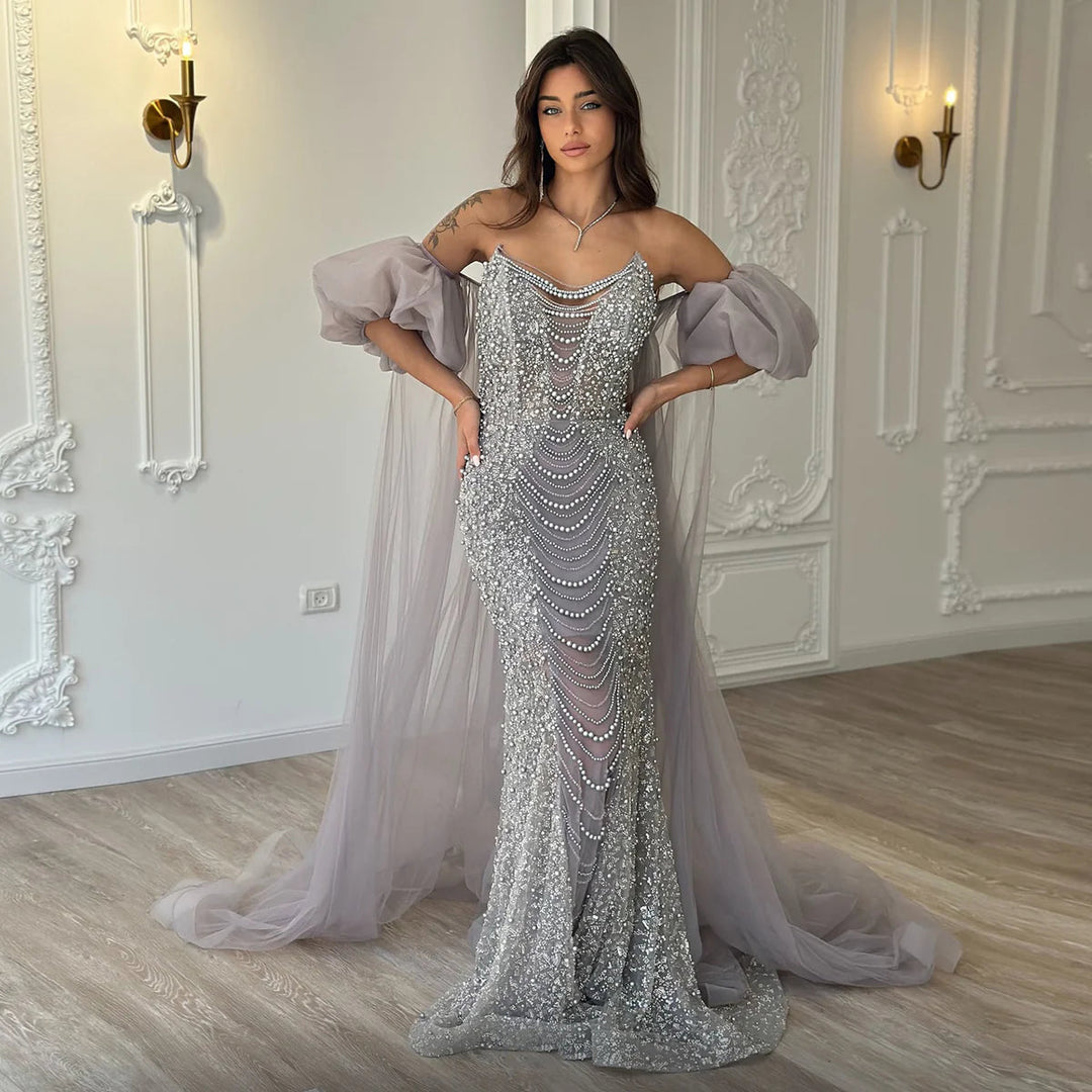 Dreamy Vow Luxury Pearls Purple Mermaid Evening Dress with Cape Sleeves Tassel Dubai Turkish Wedding Party Gowns SS199-DreamyVow