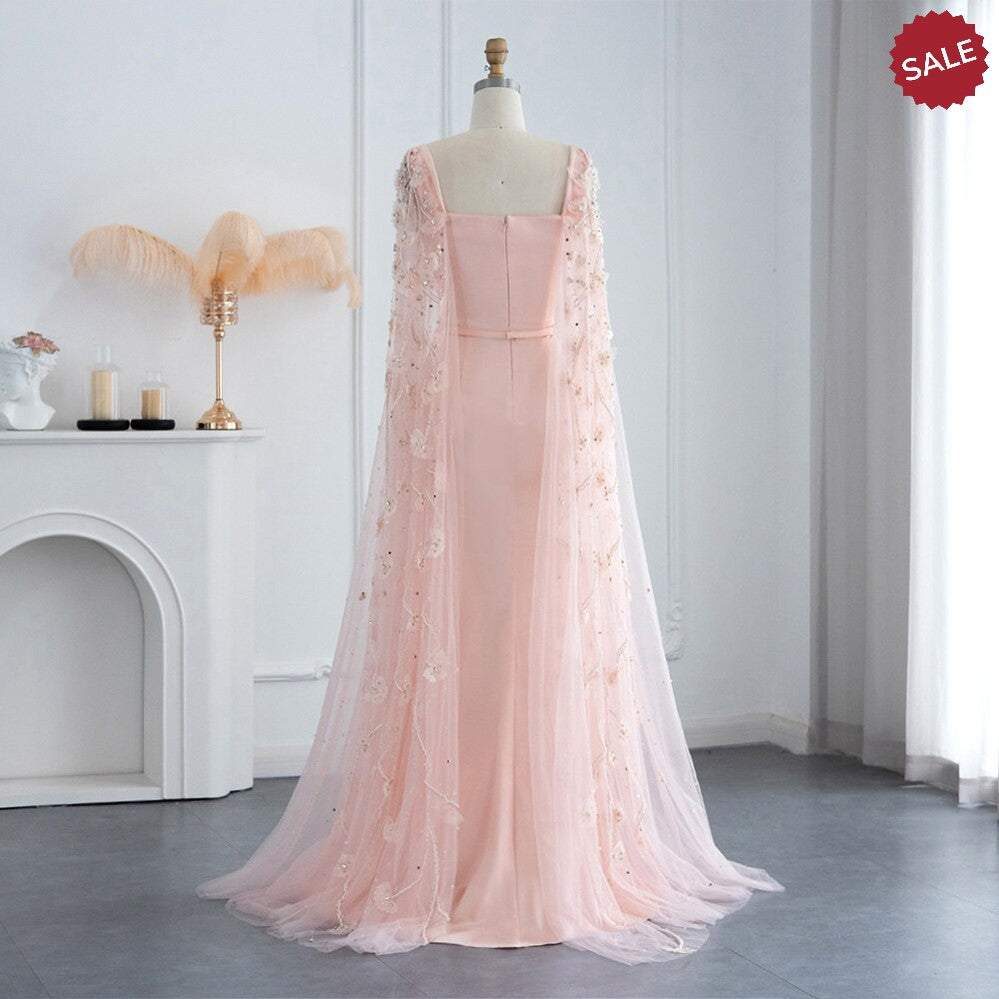 Dreamy Vow Luxury Pink 3D Flowers Mermaid Dubai Evening Dress with Cape Sleeve Crystal Arabic Elegant Women Formal Gowns for Wedding Party 493