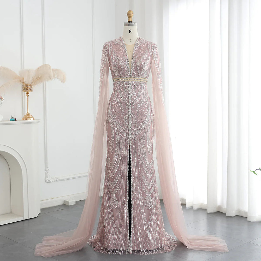 Dreamy Vow Luxury Pink Mermaid Arabic Evening Dress with Cape Sleeves Elegant V-Neck Dubai Women Wedding Party Gowns SS211-DreamyVow