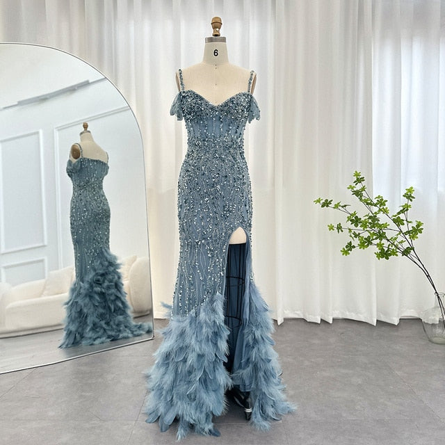 Dreamy Vow Luxury Pink Mermaid Feathers Prom Dresses 2023 Spaghetti Straps Green Black Blue Women Wedding Evening Dress 169