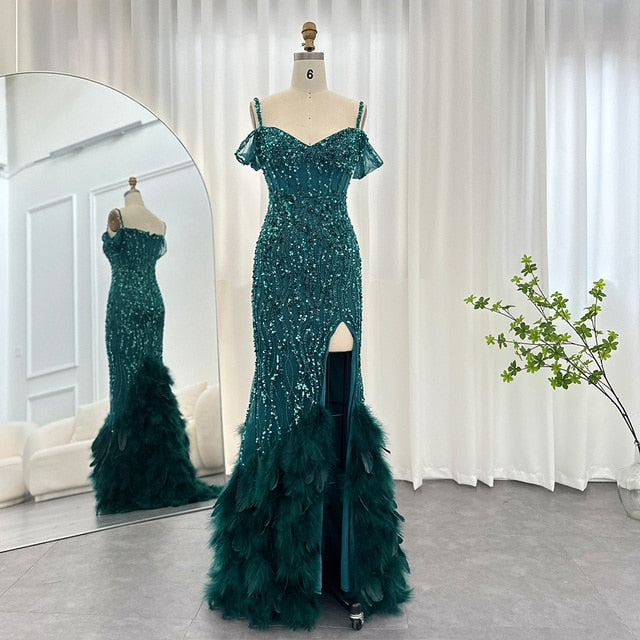 Dreamy Vow Luxury Pink Mermaid Feathers Prom Dresses 2023 Spaghetti Straps Green Black Blue Women Wedding Evening Dress 169