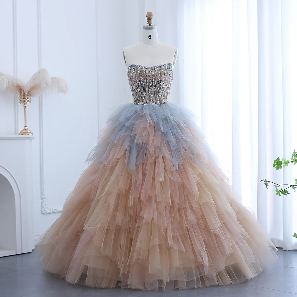 Dreamy Vow Luxury Rose Gold Blue Ruffles Princess Ball Gown Arabic Evening Dress for Women Wedding Engagement Party Dresses SS531-DreamyVow