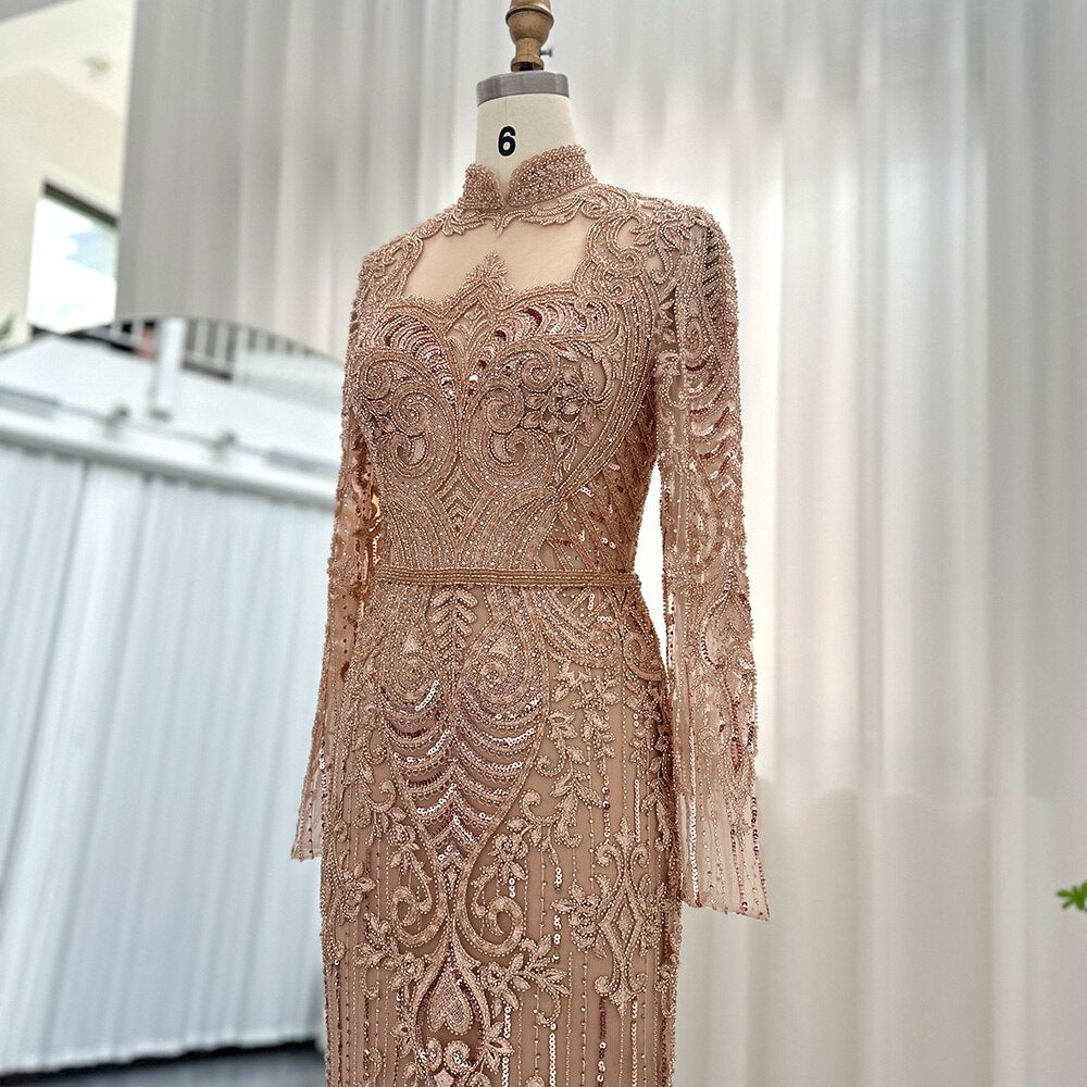 Dreamy Vow Luxury Rose Gold Muslim Dubai Evening Dresses Long Sleeves 2023 Emerald Green Silver Gray Wedding Party Gowns 153