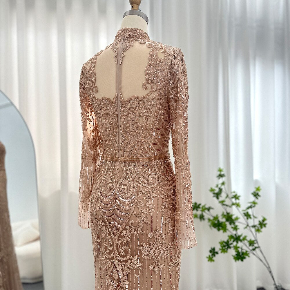 Dreamy Vow Luxury Rose Gold Muslim Dubai Evening Dresses Long Sleeves 2023 Emerald Green Silver Gray Wedding Party Gowns 153